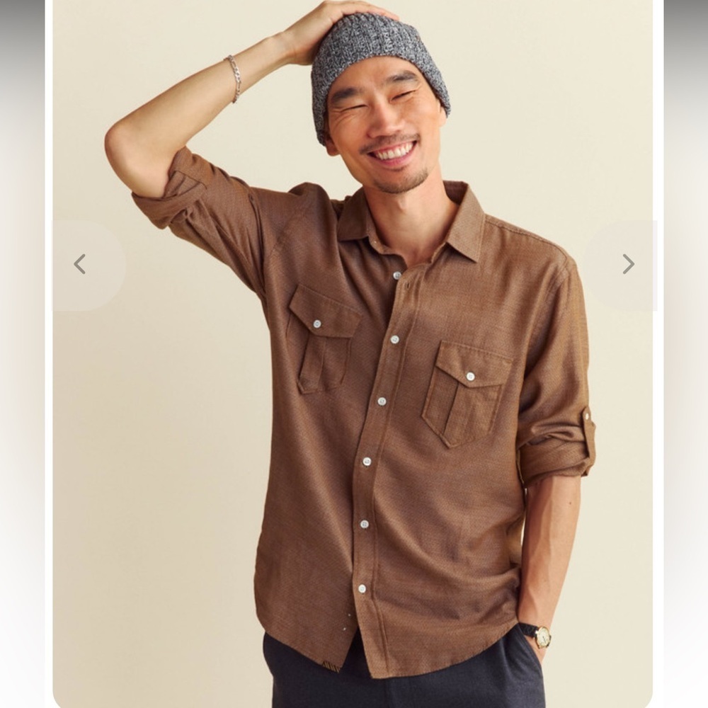 Billy Reid MELANGE DIAMOND WEAVE SCOUT BUTTON UP SHIRT - BILLY'S BROWN XS $228